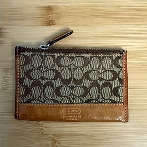 Coach Tan and Brown Signature C Wristlet with Keychain & Leather Trim